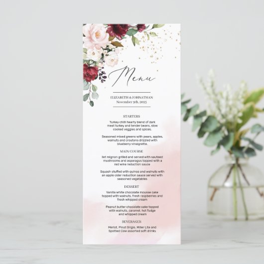 Elegante Boho bordeaux blos roze bloemengroen Menu (Staand voorkant)