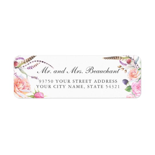 Elegante Boho Botanische Bloemen Rozen Bruiloft Etiket (Voorkant)