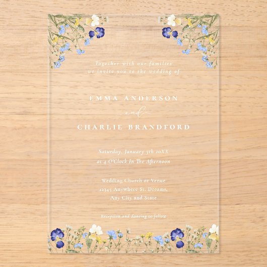 Elegante Boho Botanische wilde bloemen Script Wedd Acryl Uitnodigingen (Voorkant)
