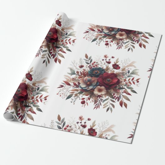 Elegante Boho Bourgogne Rustiek Blauw en Rood Patr Cadeaupapier (Uitgerold)
