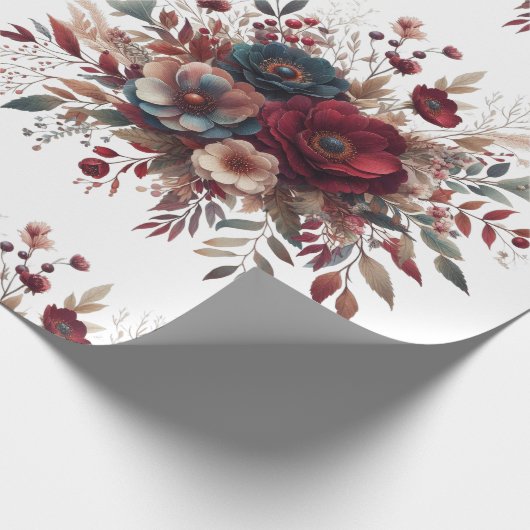 Elegante Boho Bourgogne Rustiek Blauw en Rood Patr Cadeaupapier (Hoek)