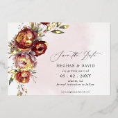 Elegante Boho Bourgondië Blush Bloemen Foto Folie Uitnodiging (Voorkant)