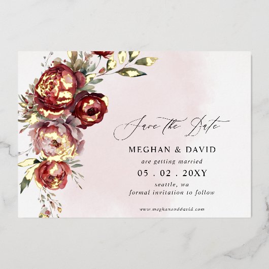 Elegante Boho Bourgondië Blush Bloemen Foto Folie Uitnodiging (Voorkant)