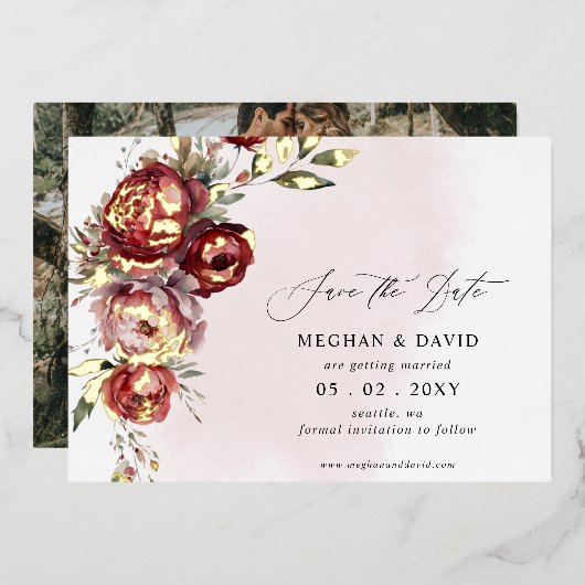 Elegante Boho Bourgondië Blush Bloemen Foto Folie Uitnodiging (Voorkant / Achterkant)