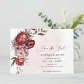 Elegante Boho Bourgondië Blush Bloemen Foto Save The Date (Staand voorkant)