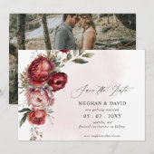 Elegante Boho Bourgondië Blush Bloemen Foto Save The Date (Voorkant / Achterkant)