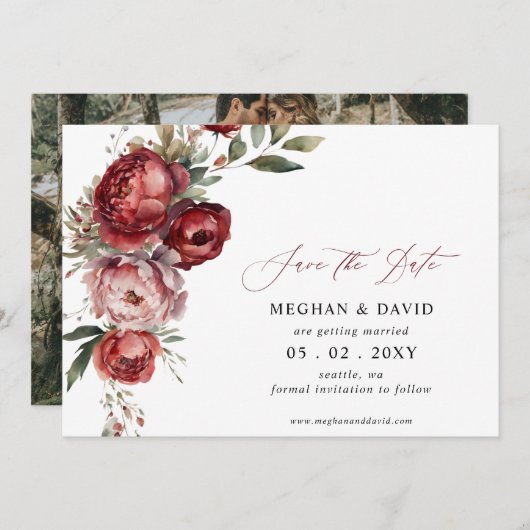 Elegante Boho Bourgondië Blush Bloemen Foto Save The Date (Voorkant / Achterkant)
