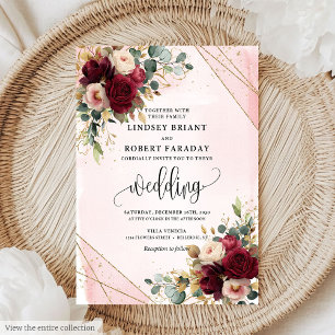 Elegante Boho Bourgondië Gold Blush Rozen bruiloft Kaart