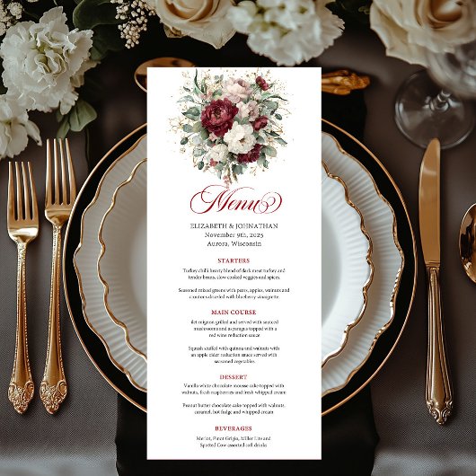 Elegante Boho Bourgondisch Bloemmotief Eucalyptus  Menu