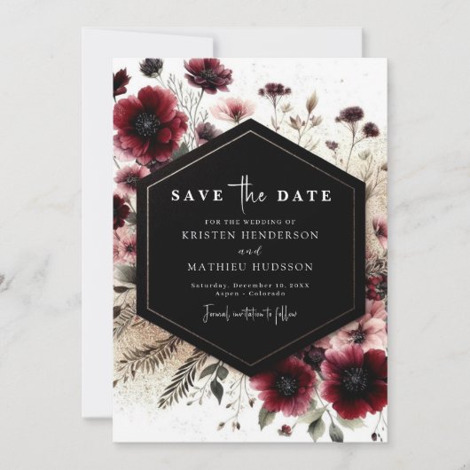 Elegante Boho Bourgondische bruiloft Save The Date (Voorkant)
