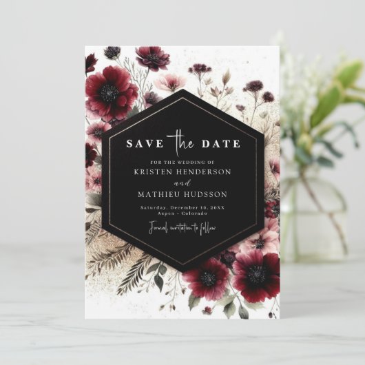 Elegante Boho Bourgondische bruiloft Save The Date (Staand voorkant)