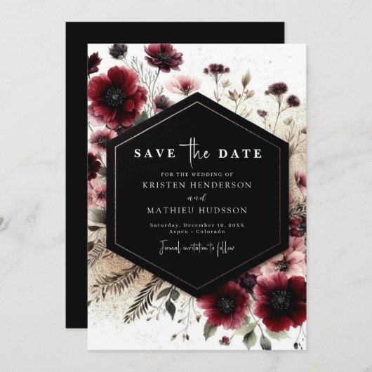 Elegante Boho Bourgondische bruiloft Save The Date (Voorkant / Achterkant)