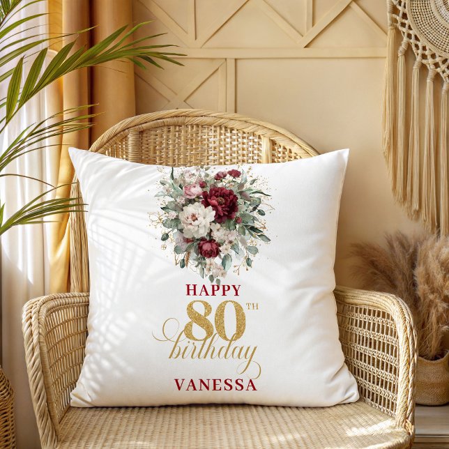 Elegante Boho Burgundy 80ste Verjaardag Kussen (Elegant Boho Burgundy 80th Birthday Pillow)