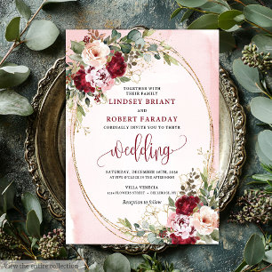 Elegante Boho Burgundy Blush Gouden Bloemige Trouw Kaart