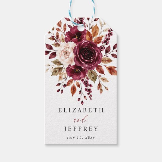 Elegante Boho Burgundy Herfst Bloem Bruiloft Cadeaulabel (Voorkant)