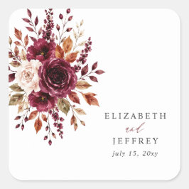 Elegante Boho Burgundy Herfst Bloem Bruiloft Vierkante Sticker