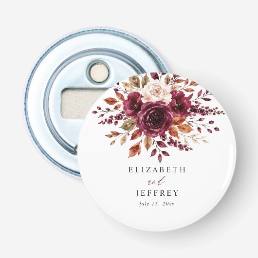 Elegante Boho Burgundy Herfst Bloemige Bruiloft Button Flesopener (Voorkant)
