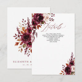 Elegante Boho Burgundy Herfst Bloemige Bruiloft Informatiekaartje