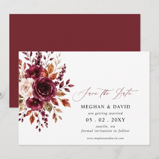 Elegante Boho Burgundy Herfst Bloemige Bruiloft Save The Date (Voorkant / Achterkant)