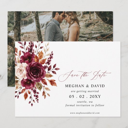 Elegante Boho Burgundy Herfst Bloemige Foto Save The Date (Voorkant / Achterkant)