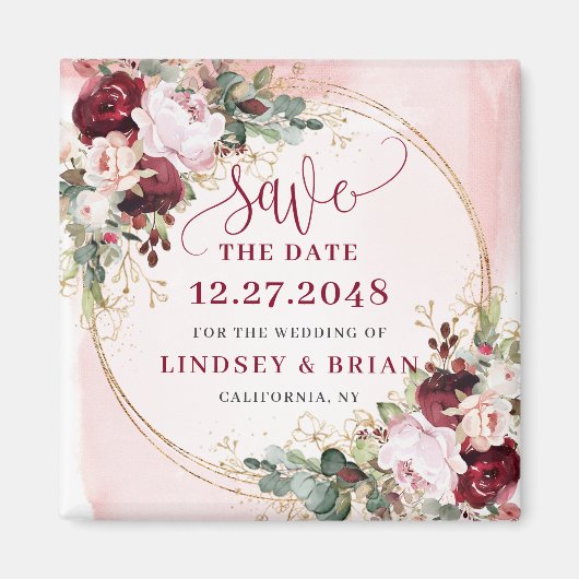 Elegante Boho Burgundy Roze Gouden Bloemen Save th Magneet (Voorkant)