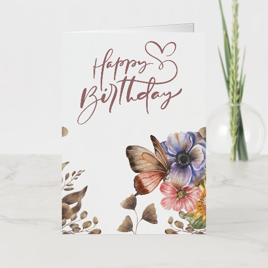 Elegante Boho Butterfly Bloemen Verjaardag Folie Wenskaart (Voorkant)
