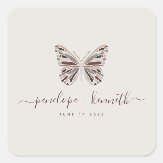 Elegante Boho Butterfly Bourgogne Taupe bruiloft Vierkante Sticker (Voorkant)