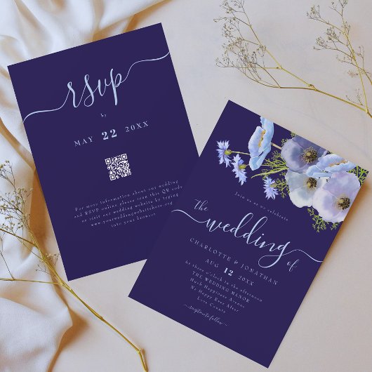 Elegante Boho Chic Bloemige Blauwe Trouw QR Code Kaart
