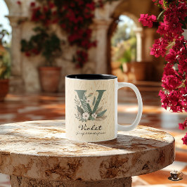 Elegante Boho Chic Bloemige Monogram Beker voor Vi Tweekleurige Koffiemok
