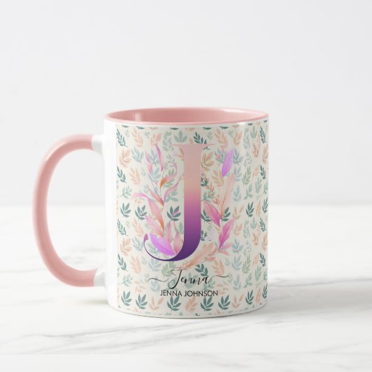 Elegante Boho Chic Bloemige Monogrammok - J Mok (Links)