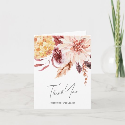 Elegante Boho Chic Waterverf Bloem Bruiloftsborrel Bedankkaart (Voorkant)