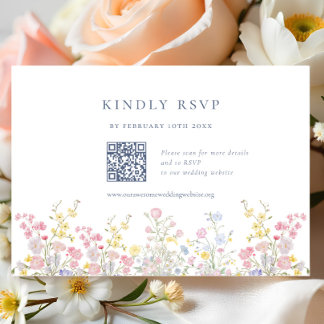 Elegante Boho Chic Wilde Bloemen Trouw QR code RSV RSVP Kaartje