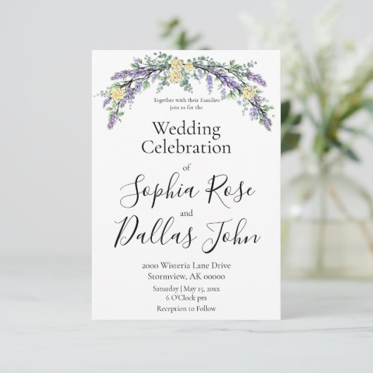 Elegante boho chique lavendel gele rozen bruiloft kaart (Staand voorkant)