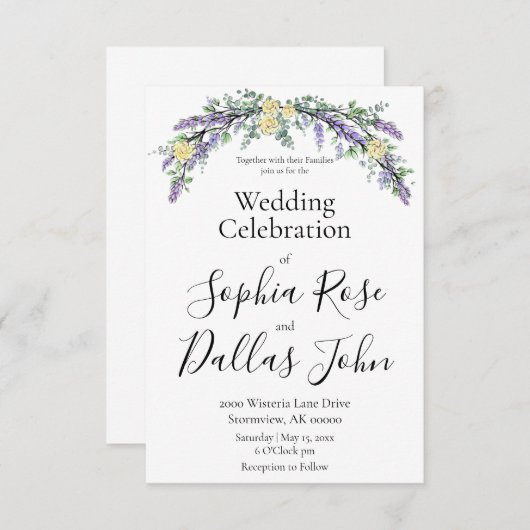 Elegante boho chique lavendel gele rozen bruiloft kaart (Voorkant / Achterkant)