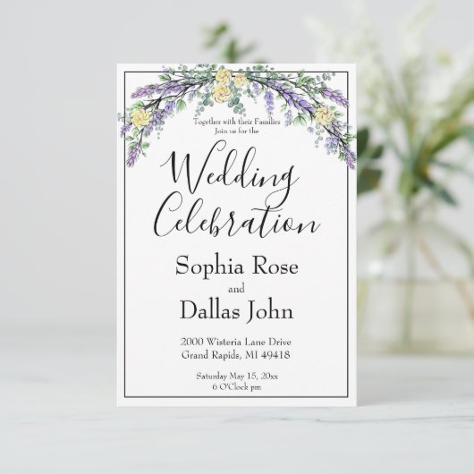 Elegante boho chique Lavendel Gele rozen Huwelijk Kaart (Staand voorkant)