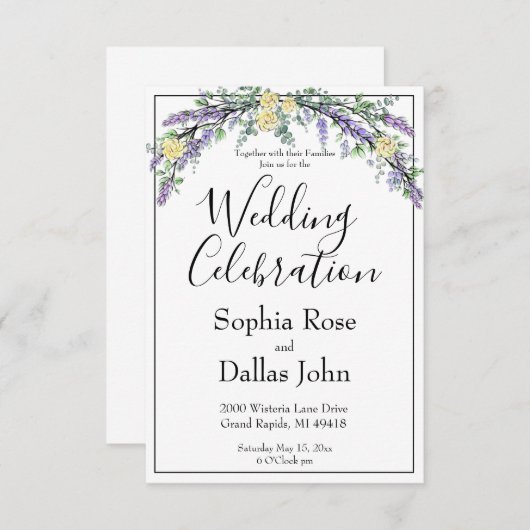 Elegante boho chique Lavendel Gele rozen Huwelijk Kaart (Voorkant / Achterkant)