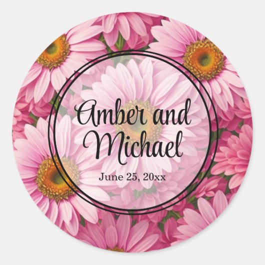 Elegante boho chique roze bloemen roze madeliefjes ronde sticker (Voorkant)