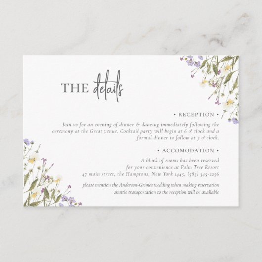Elegante boho chique wilde bloem bruiloft accommod informatiekaartje (Voorkant)