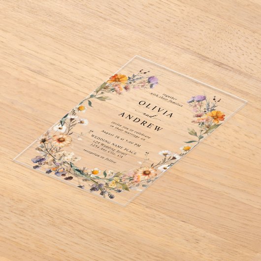 Elegante Boho Country Wildflowers Botanische bruil Acryl Uitnodigingen (Laagn)