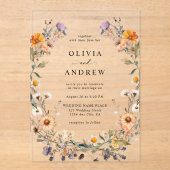 Elegante Boho Country Wildflowers Botanische bruil Acryl Uitnodigingen (Voorkant)