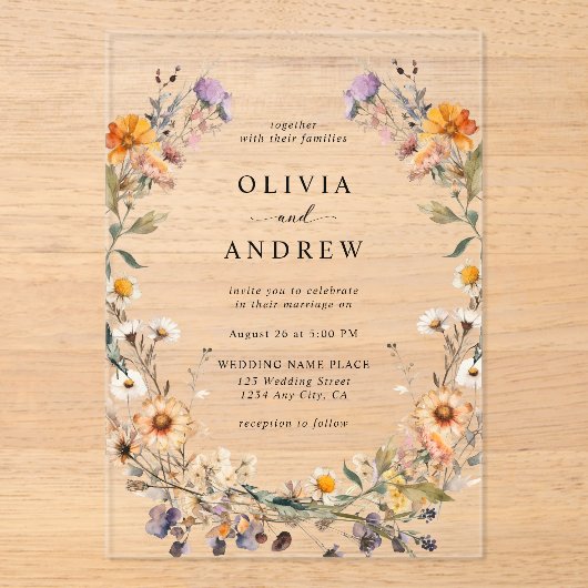 Elegante Boho Country Wildflowers Botanische bruil Acryl Uitnodigingen (Voorkant)