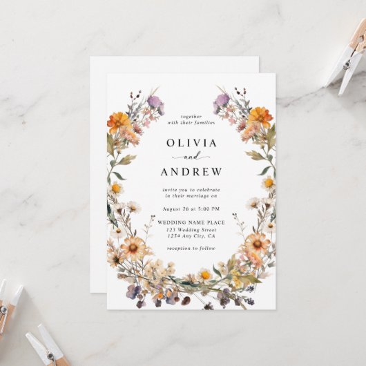 Elegante Boho Country Wildflowers Botanische bruil Kaart (Voorkant / Achterkant in situ)