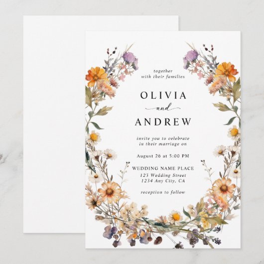 Elegante Boho Country Wildflowers Botanische bruil Kaart (Voorkant / Achterkant)