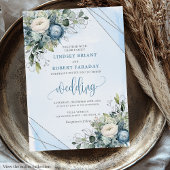 Elegante Boho Dusty Blauw Zilveren Bloemen Huwelij Kaart