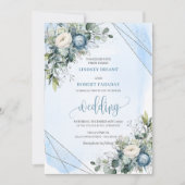 Elegante Boho Dusty Blauw Zilveren Bloemen Huwelij Kaart (Voorkant)