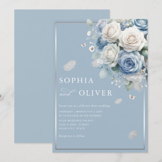 Elegante Boho Dusty Blue Bloemen Elegante bruiloft Kaart (Voorkant / Achterkant)