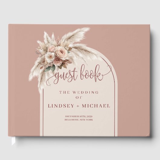 Elegante Boho Dusty Pink Pampas Arch Rozen bruilof Gastenboek (Voorkant)