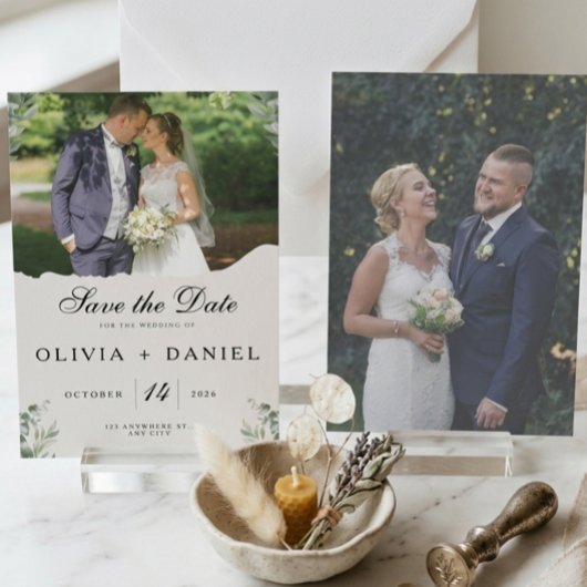 Elegante Boho Eucalyptusbladeren Foto Bruiloft Save The Date