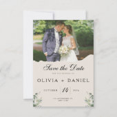 Elegante Boho Eucalyptusbladeren Foto Bruiloft Save The Date (Voorkant)