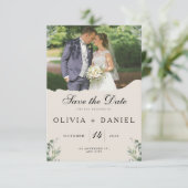 Elegante Boho Eucalyptusbladeren Foto Bruiloft Save The Date (Staand voorkant)